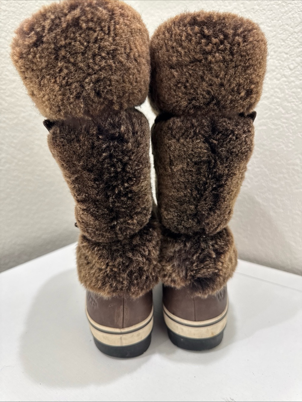 UGG Australia Womens 7 Brown Leather Sheepskin Fur Tall Winter Boots Buckle - Picture 6 of 9